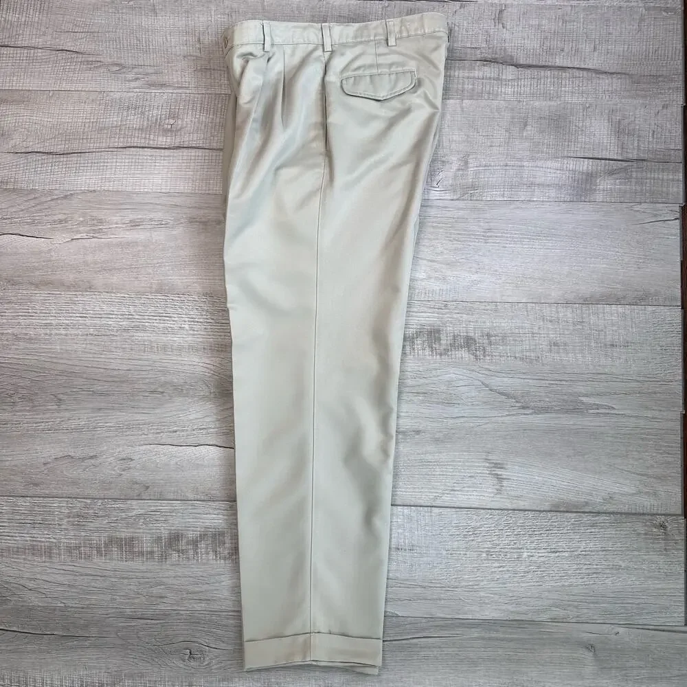Silk Works Tan/Khaki Dress Pants Men's 34/32 Pleated Front Cuffed Hem Officewear